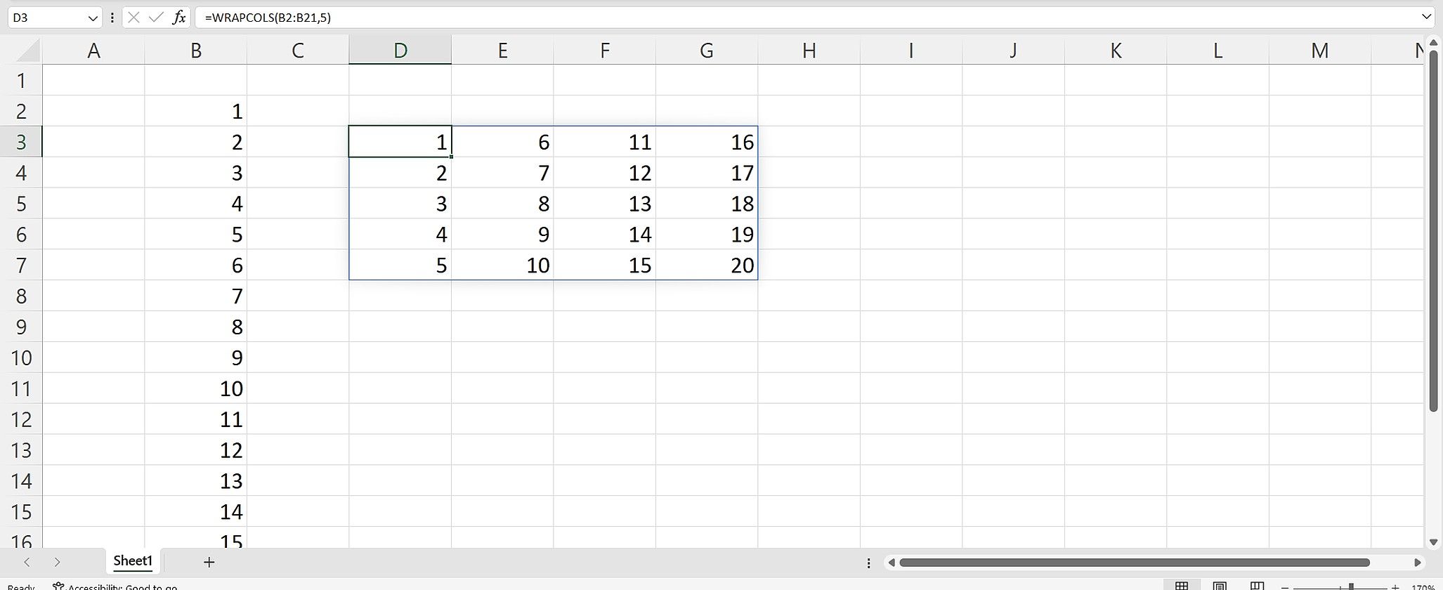 Một bảng tính hiển thị hàm WRAPCOLS đang được sử dụng trong Excel