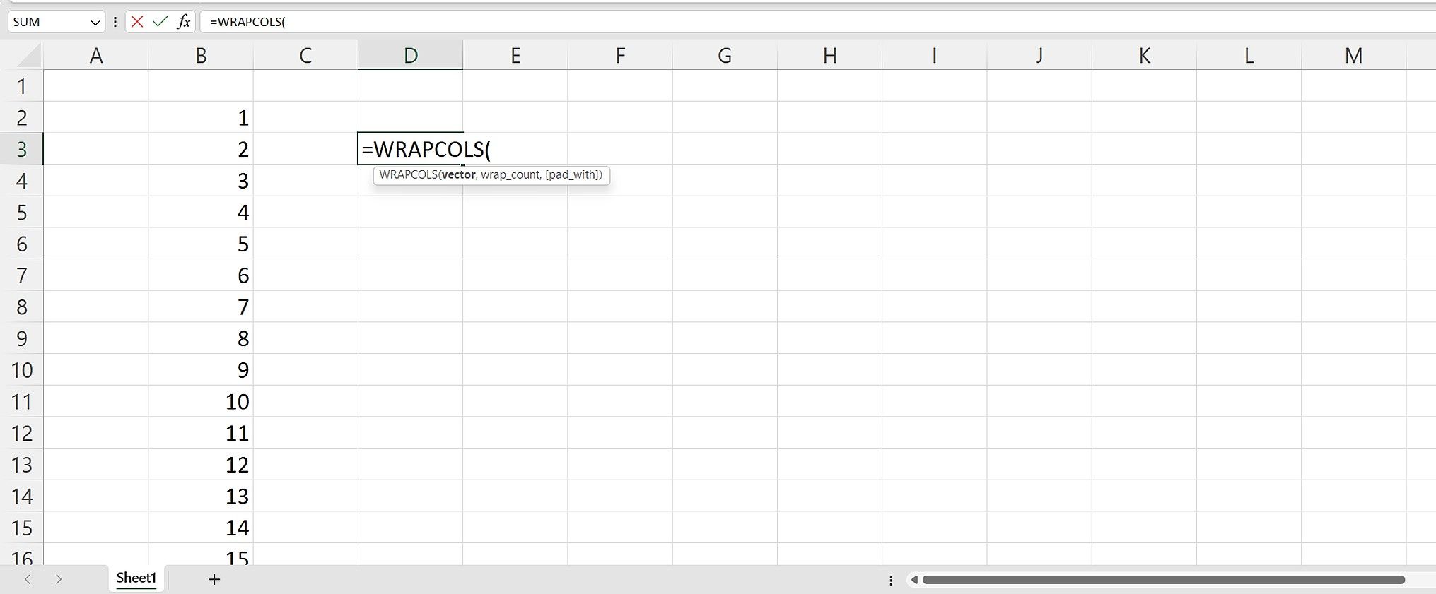 Một bảng tính hiển thị hàm WRAPCOLS trong Excel
