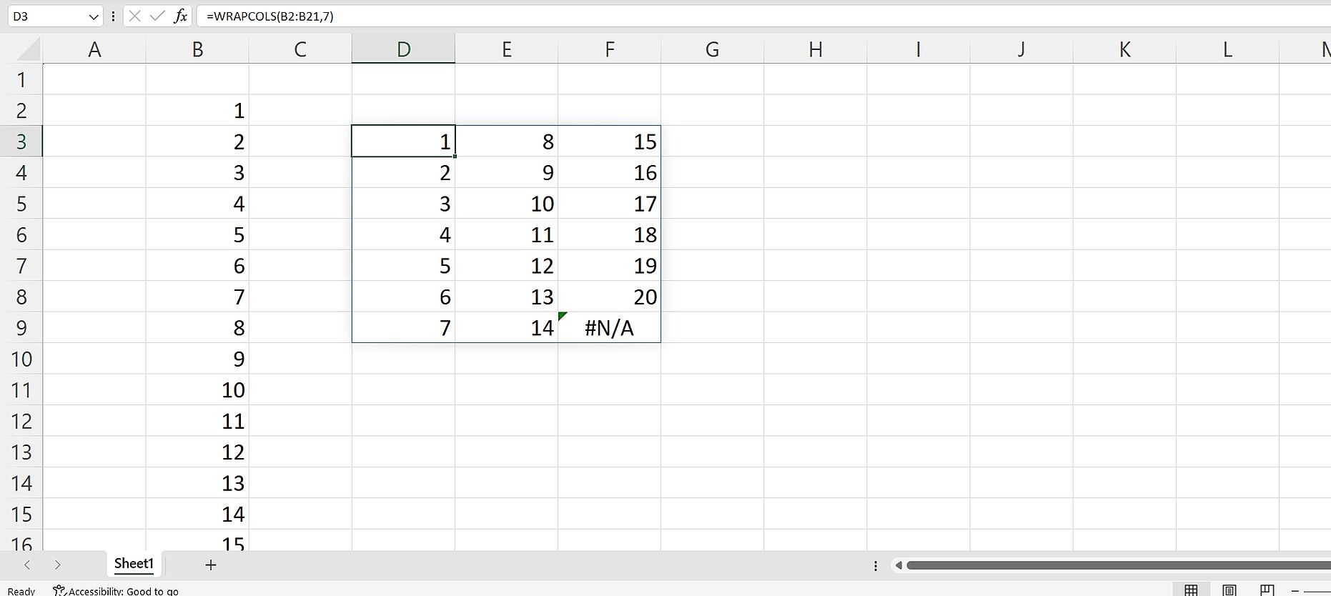 Một bảng tính hiển thị lỗi #N/A khi sử dụng hàm WRAPCOLS trong Excel