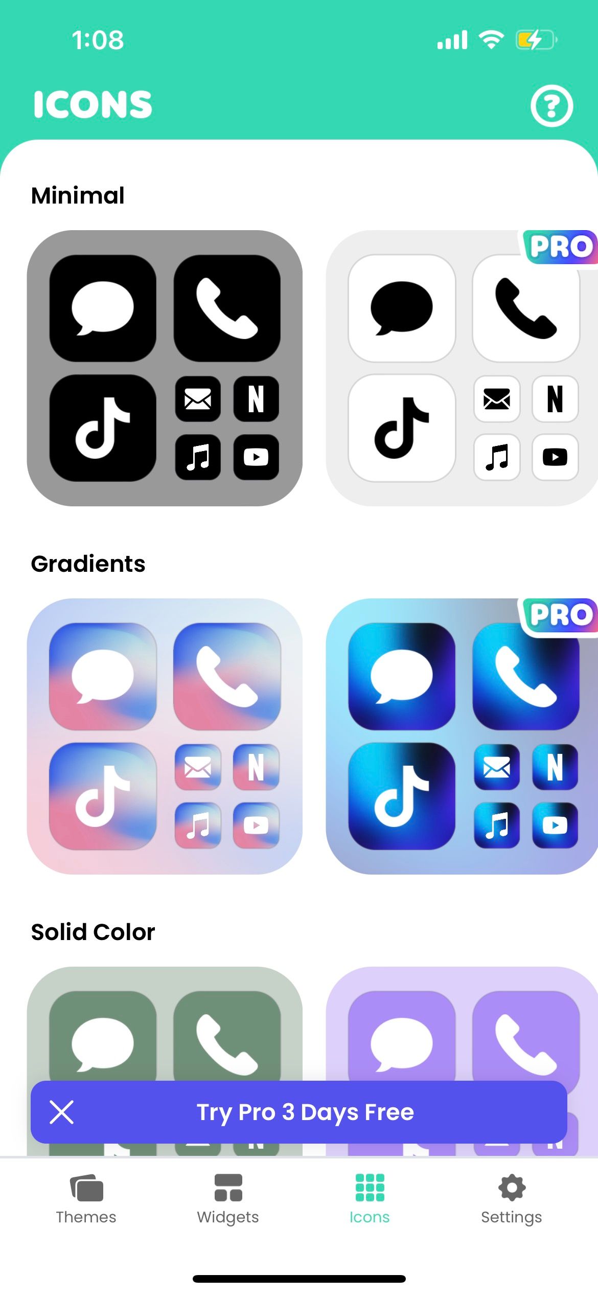 app icon categories in color widget