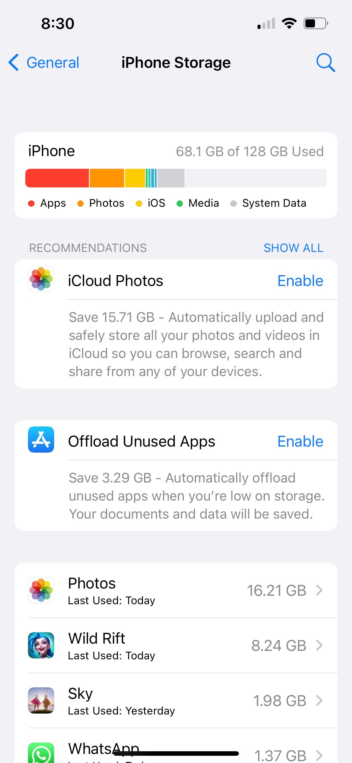iphone storage overview in settings