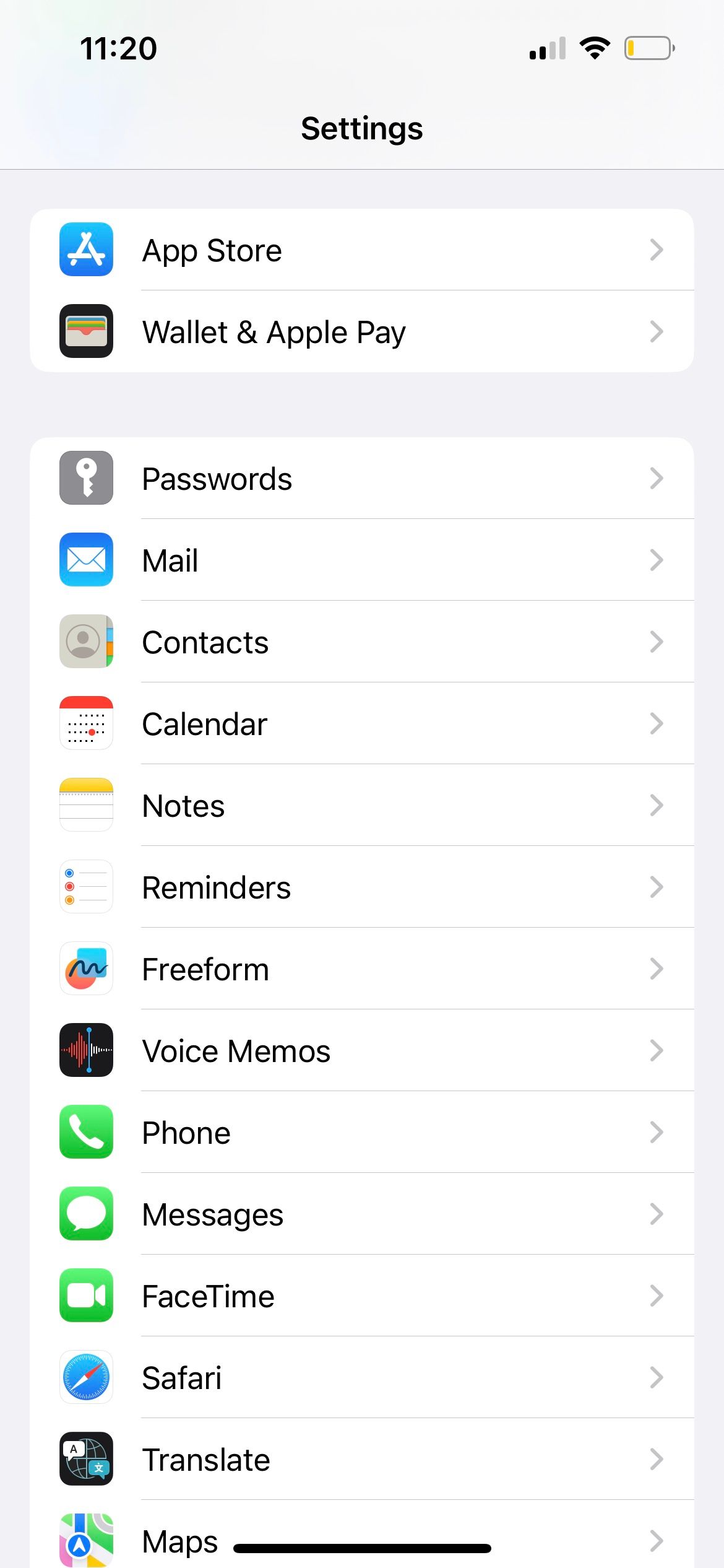 iphone list of settings