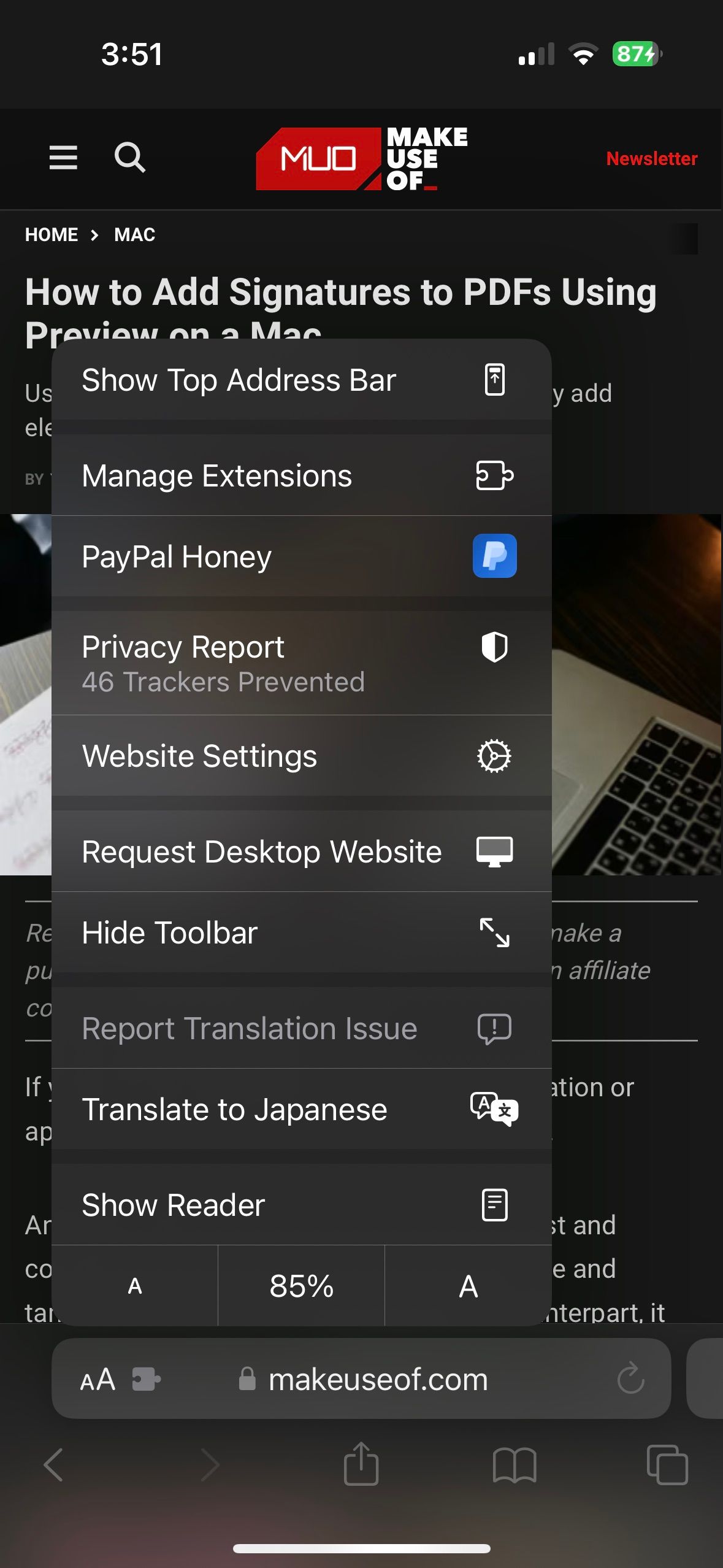access website settings in Safari on iPhone