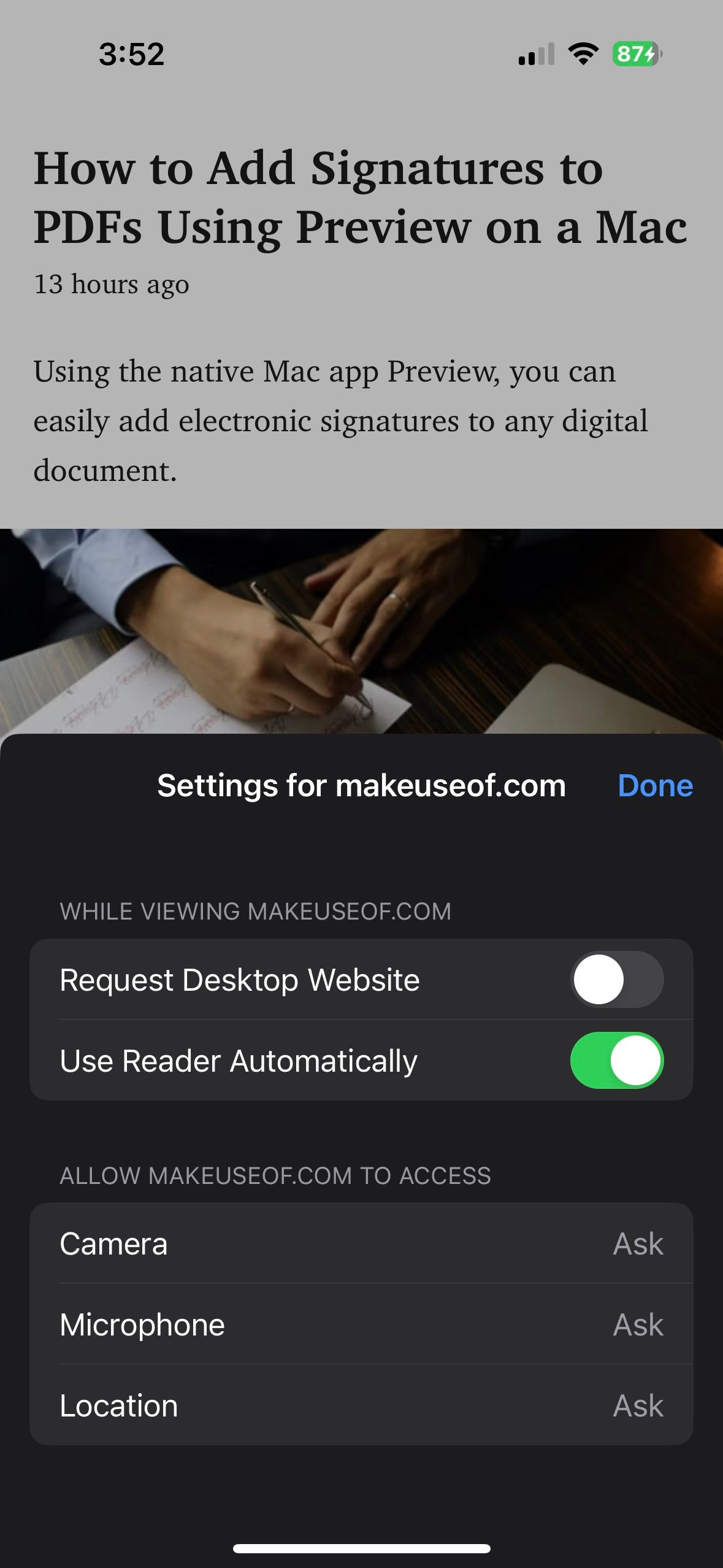 activate automatic reader mode in Safari on iPhone