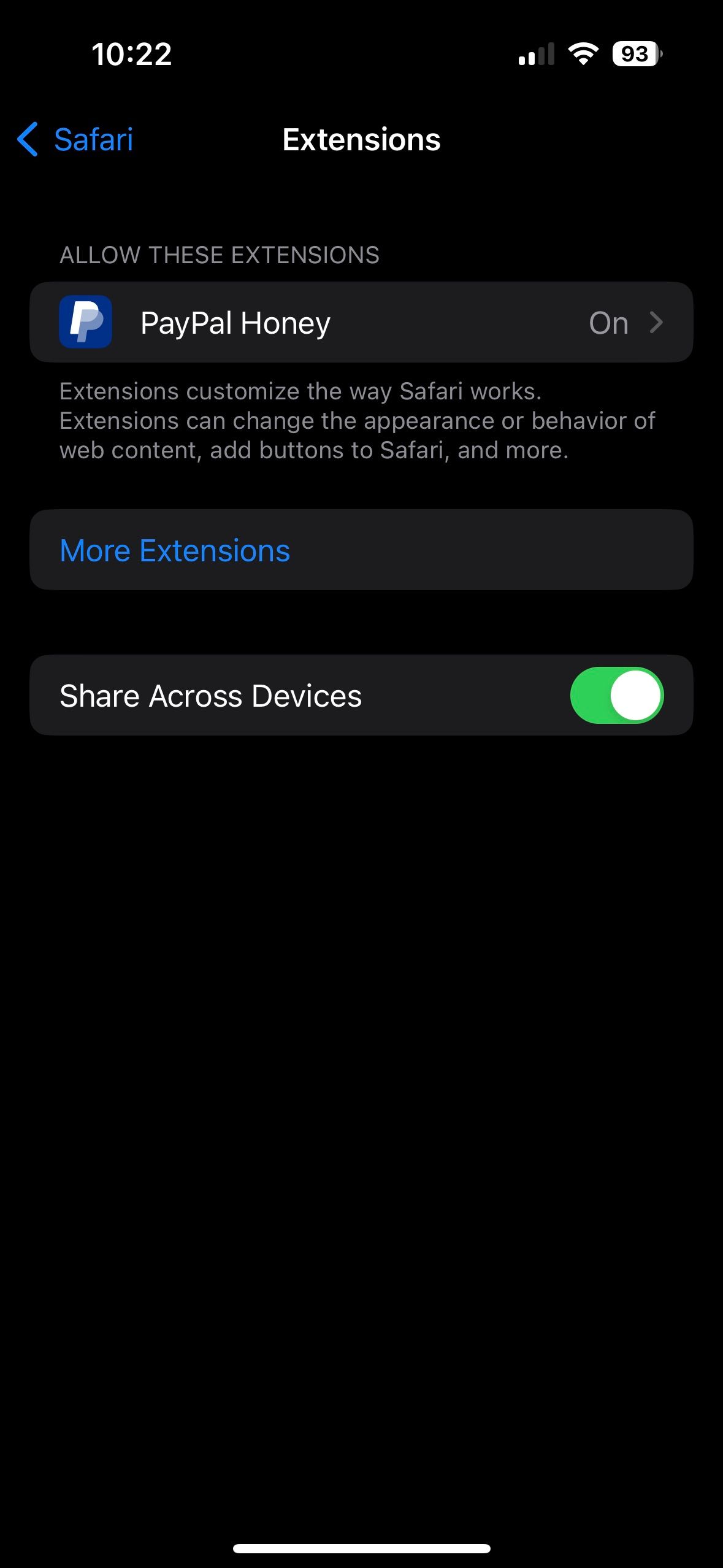 Screen showing available extensions in Settings app on iPhone