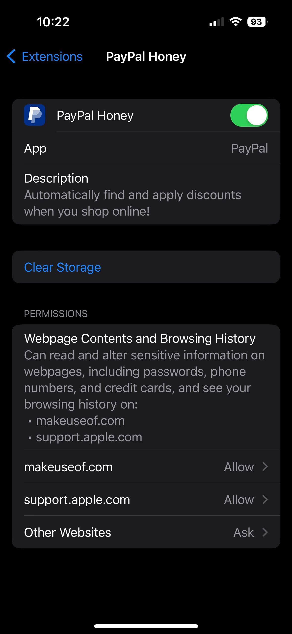 Safari Extension additional options in Settings app on iPhone