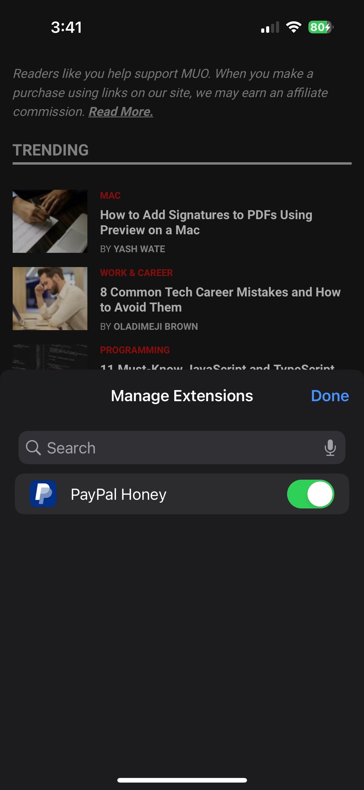 enabling extensions in Safari on iPhone