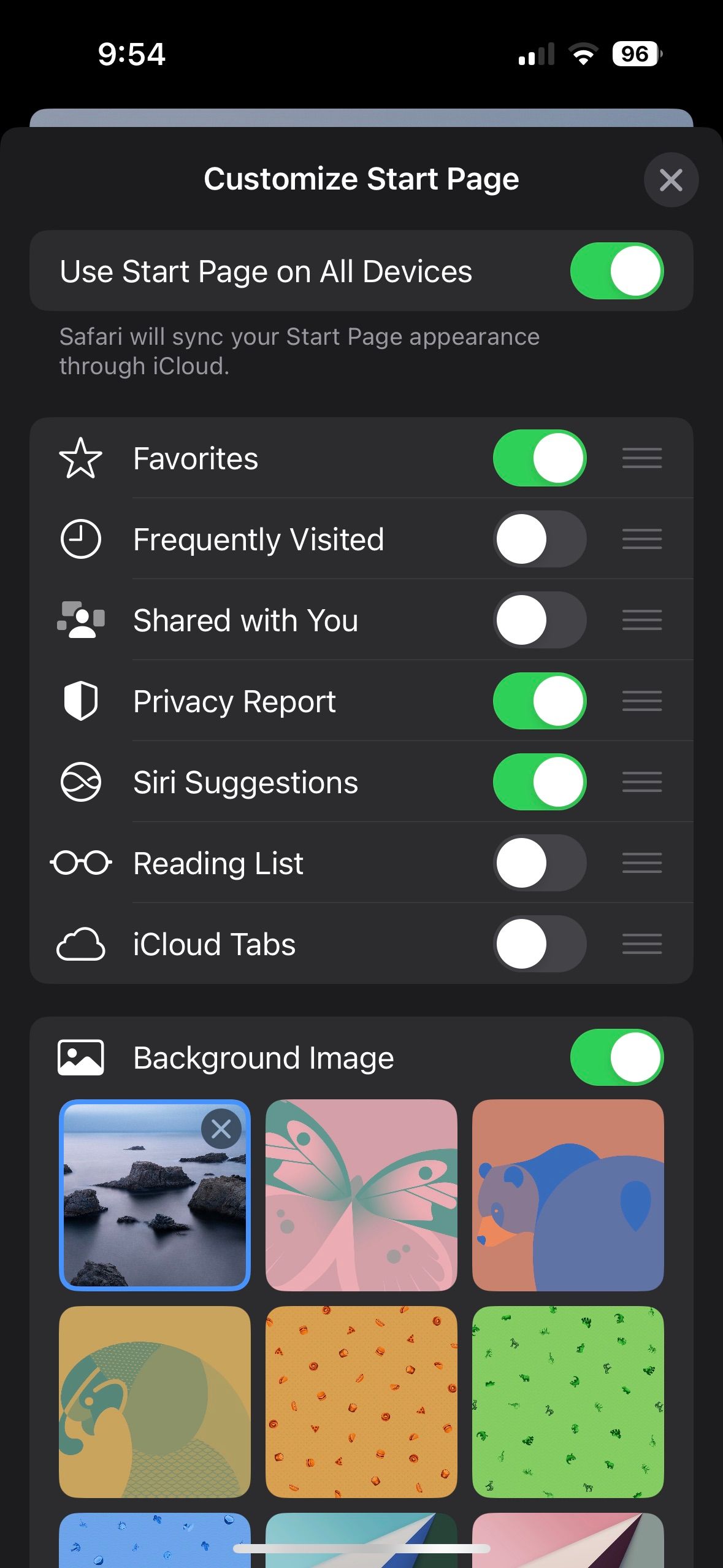 Safari iPhone Start Page Customization Options