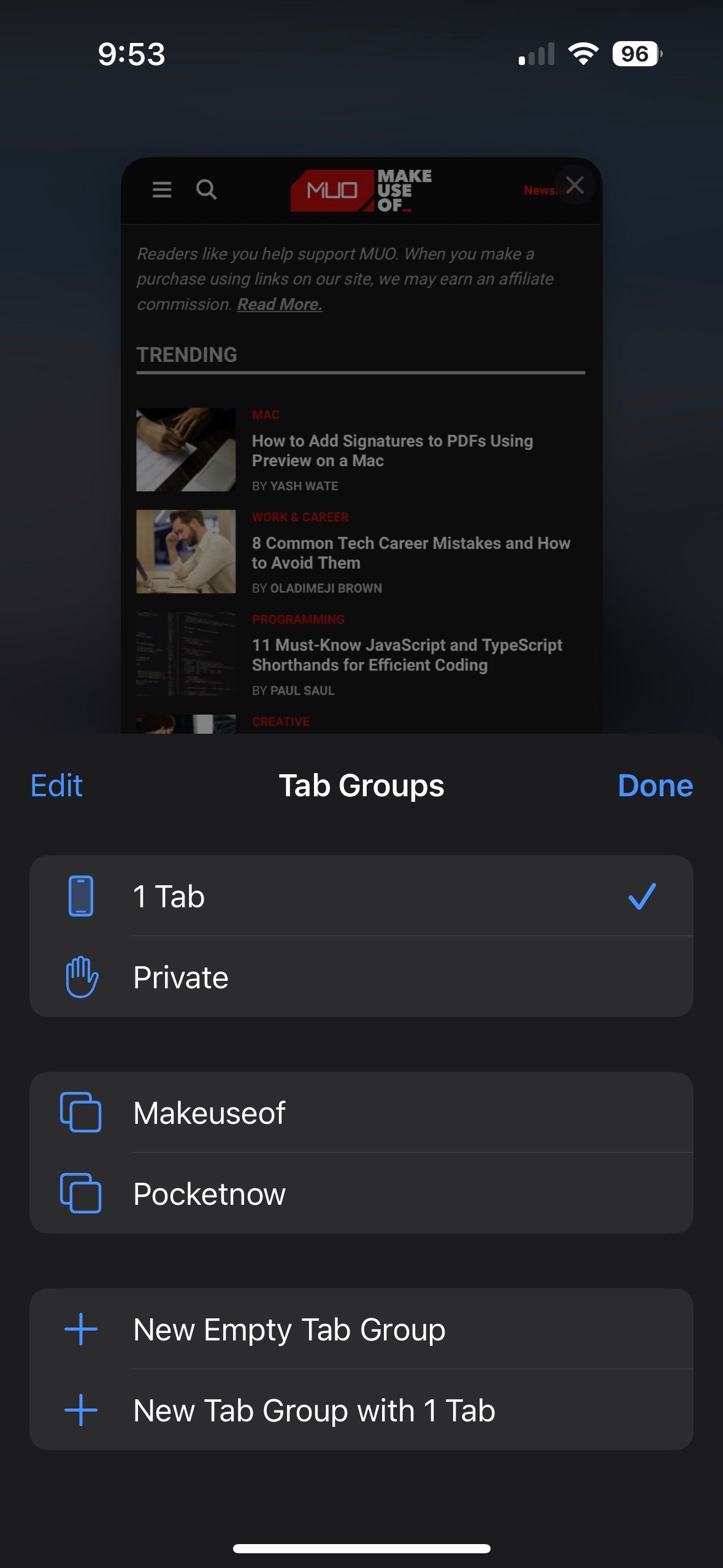Context Menu to create Tab Group in Safari on iPhone