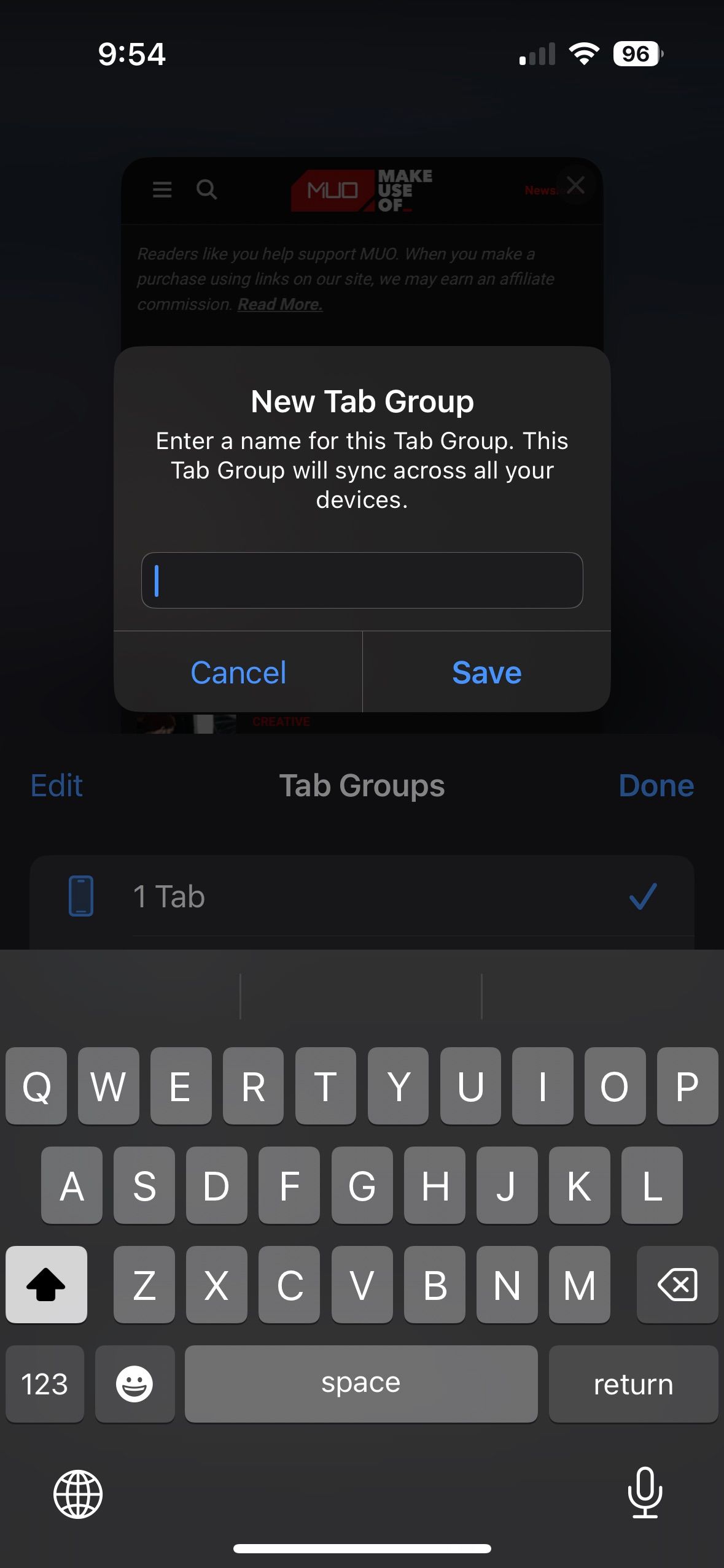 Menu to name Tab Group in Safari on iPhone