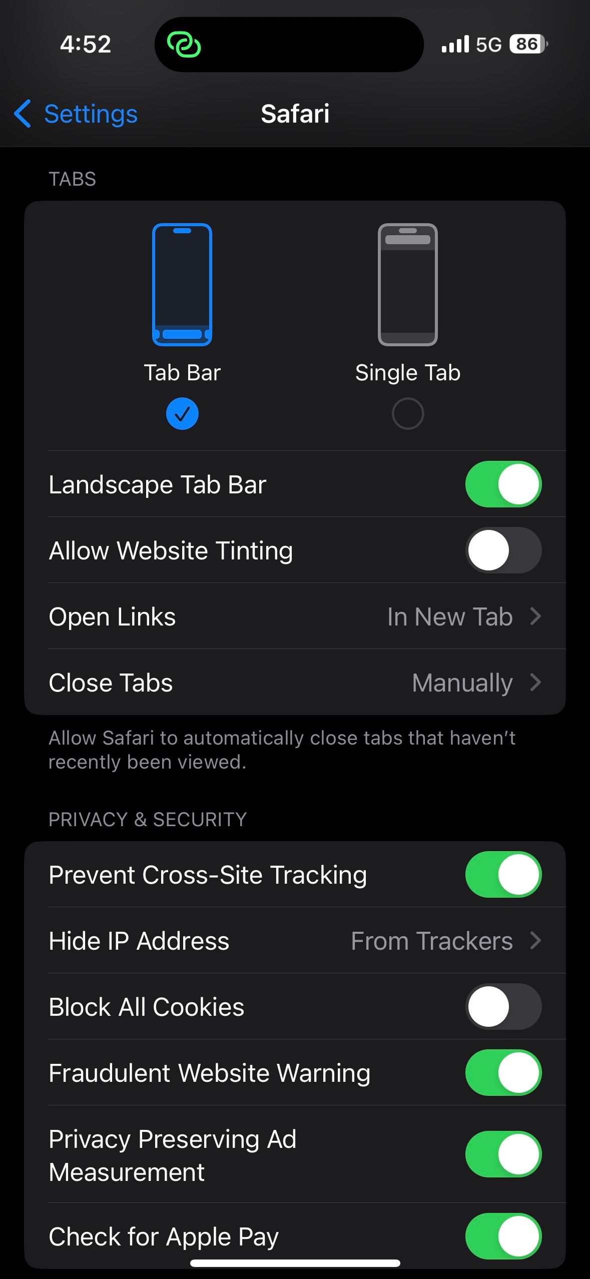 safari tab settings in iOS settings app