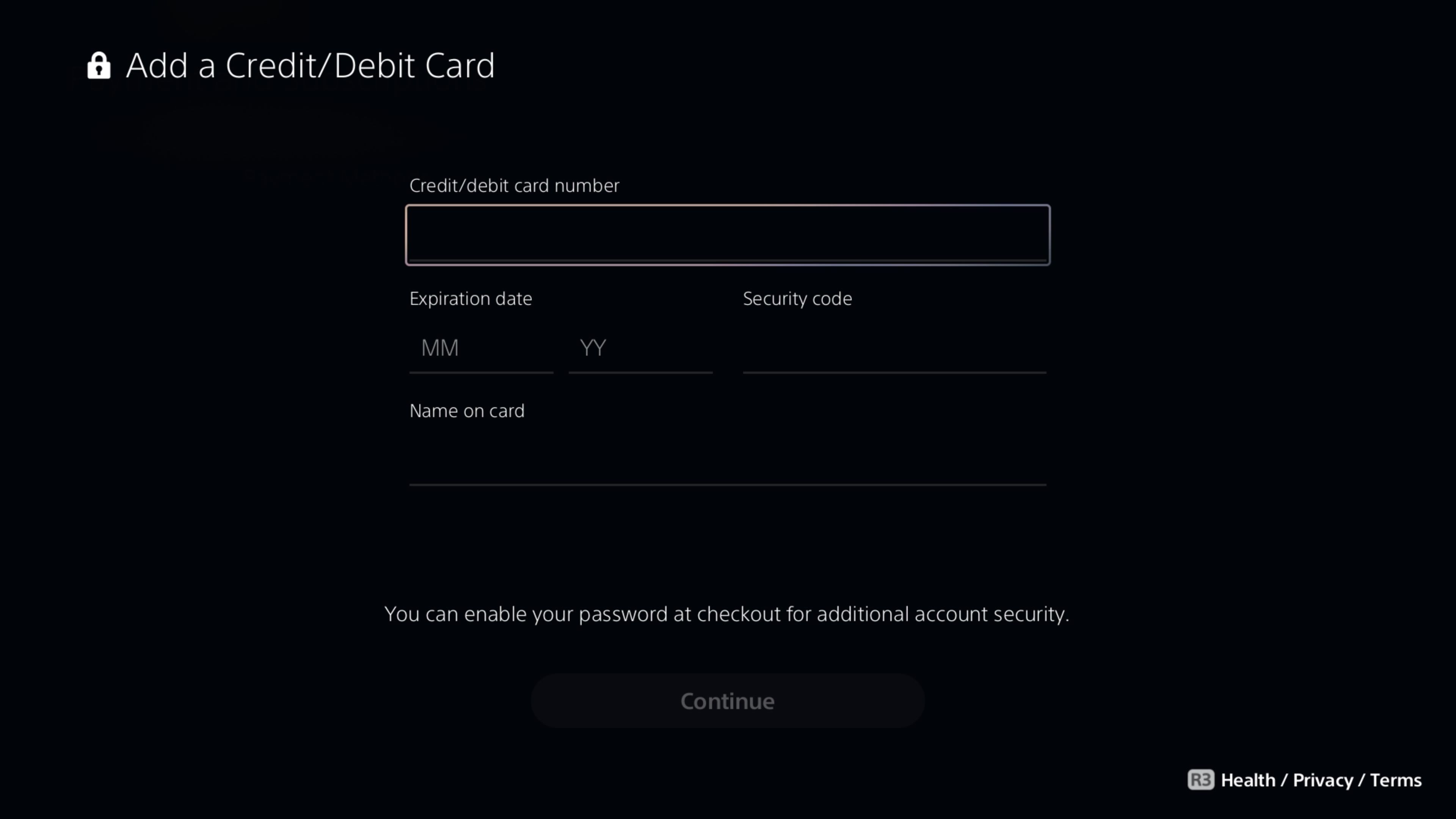 Input page for a credit and debit card on the PS5