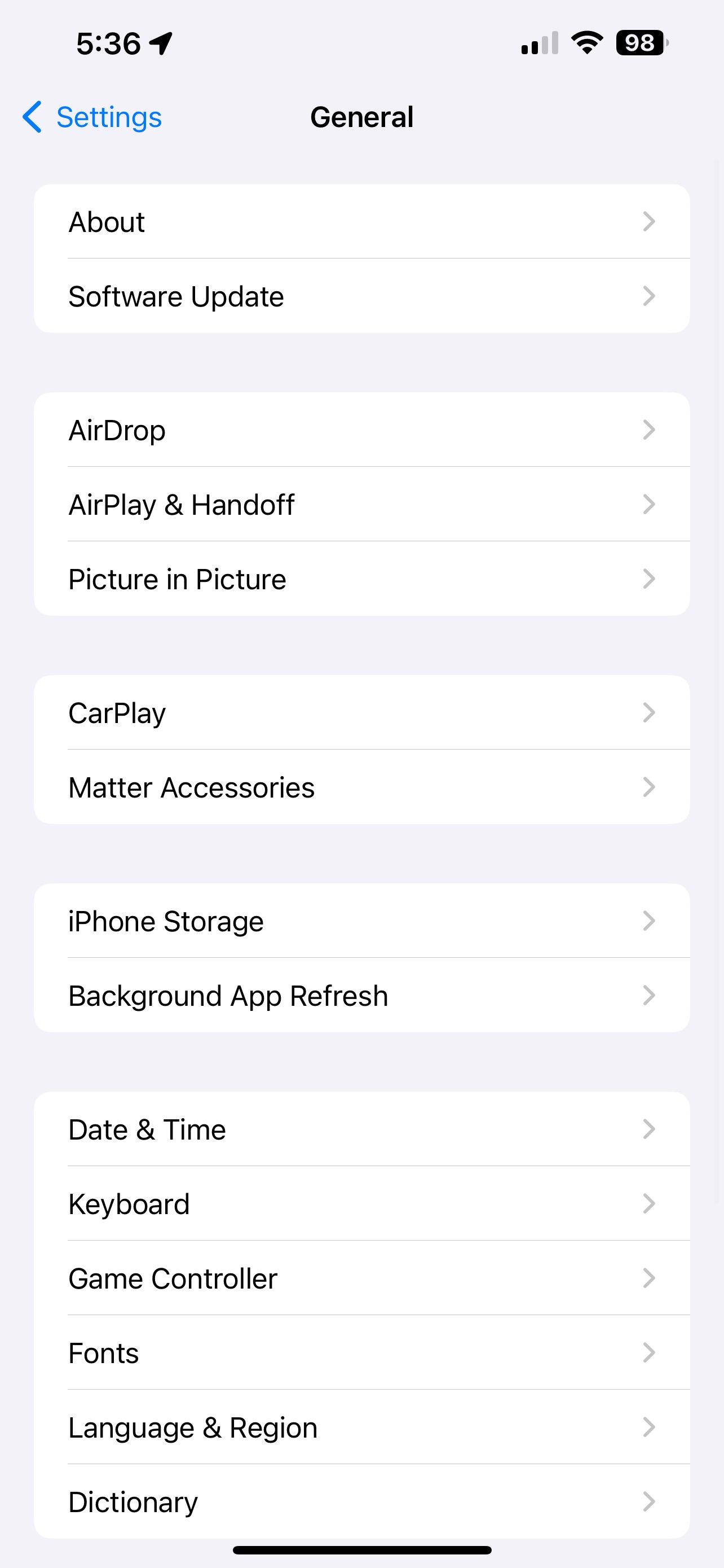 منوی تنظیمات عمومی iOS 16 با گزینه Matter Accessories