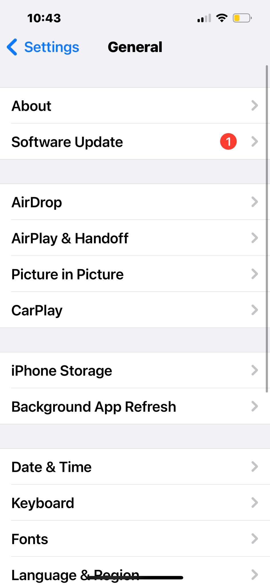 The General Settings Screen on an iPhone