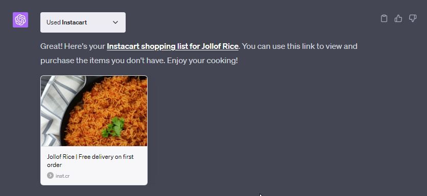 Lista de compras Jollof Rice do plug-in InstaCart ChatGPT