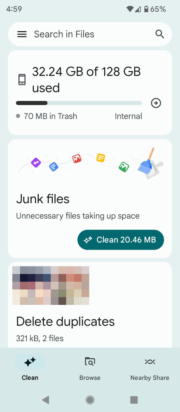 Junk Files and Duplicate Files Options in Files by Google Clean Tab