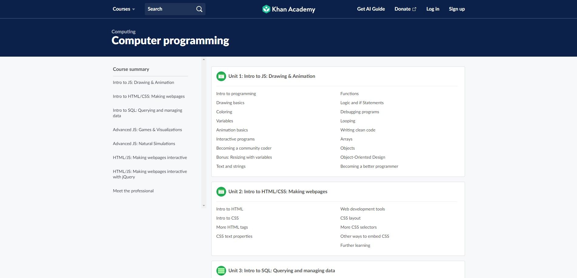 Khan Academy computer programming course modules