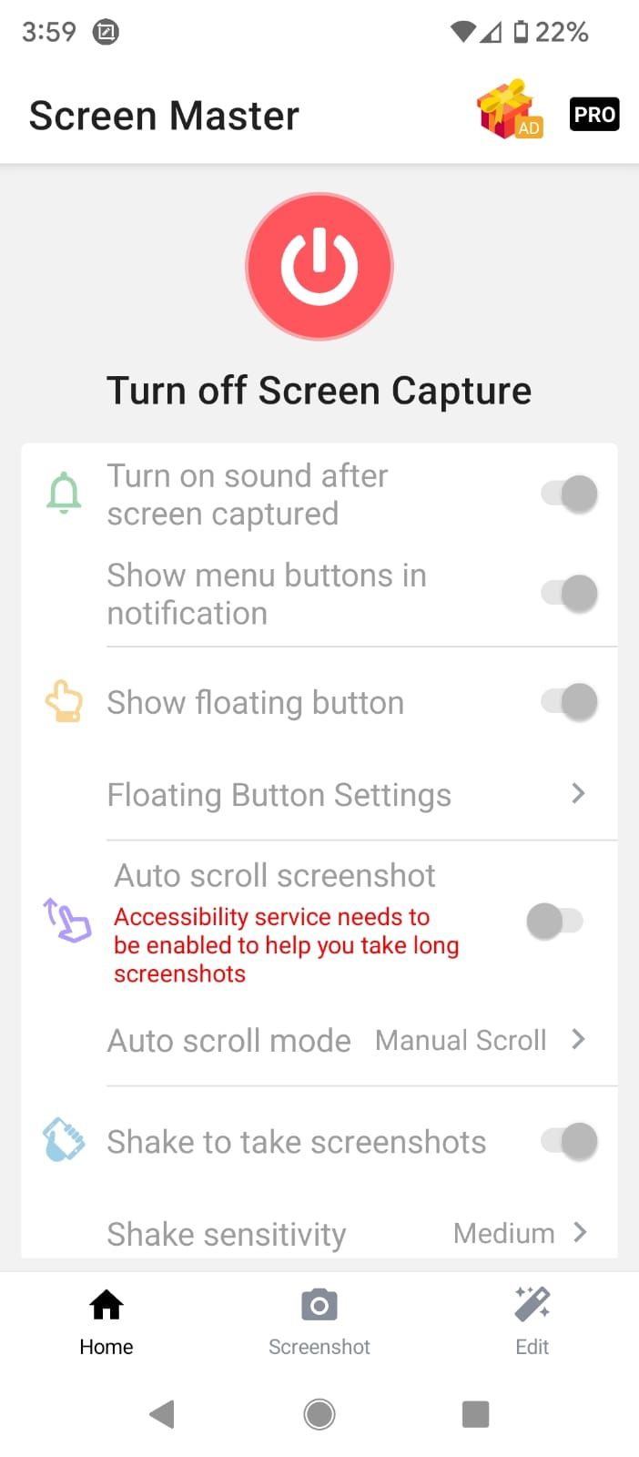 Main screen and settings in ScreenMaster