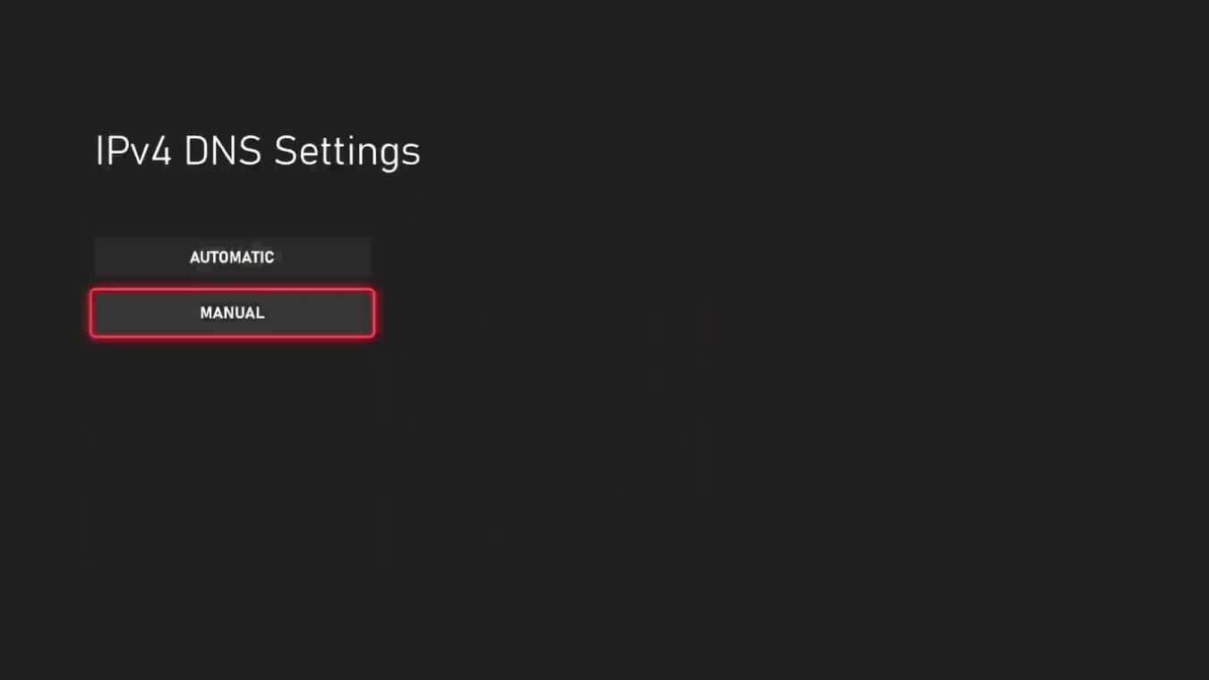 A screenshot of the DNS Settings available on Xbox Series X with the option for Manual highlighted 