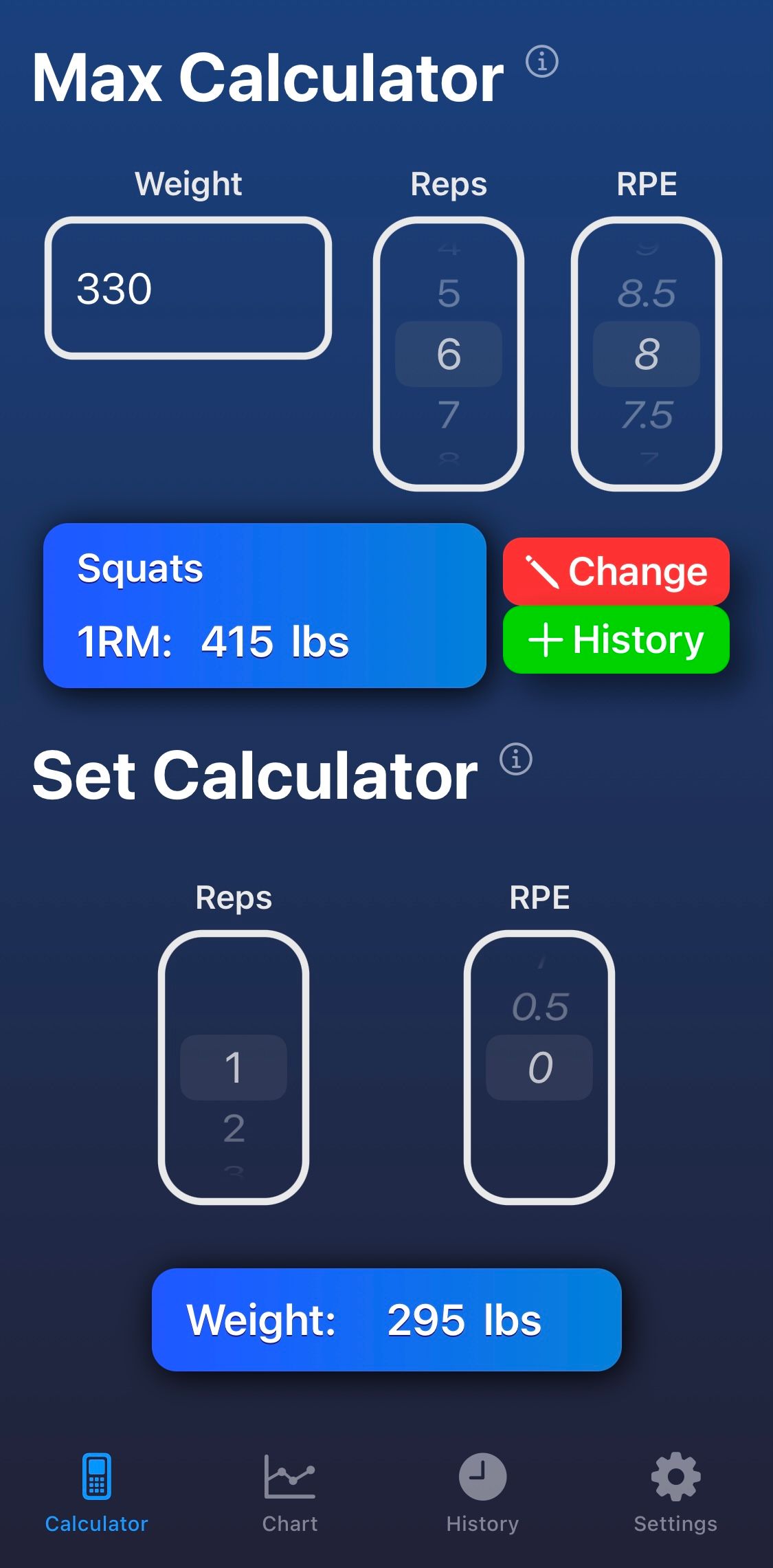 Maximum after inputting weight, reps, and RPE from last set