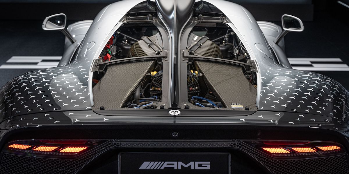 A shot of the open engine cover on a Mercedes-AMG One