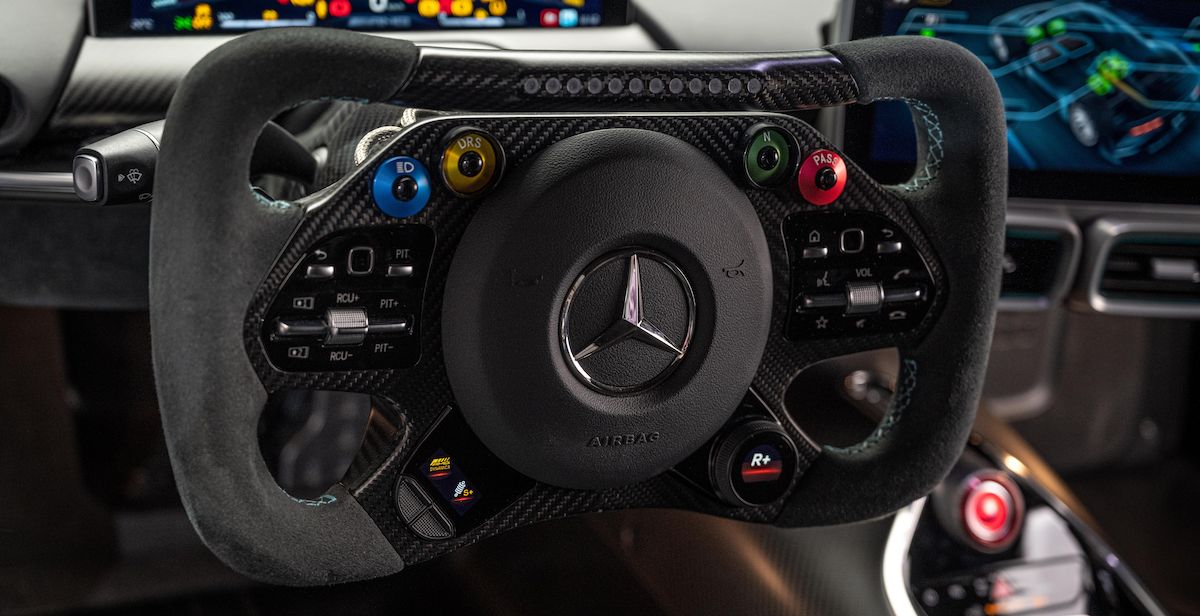 Steering wheel of a Mercedes-AMG One with lots of buttons 
