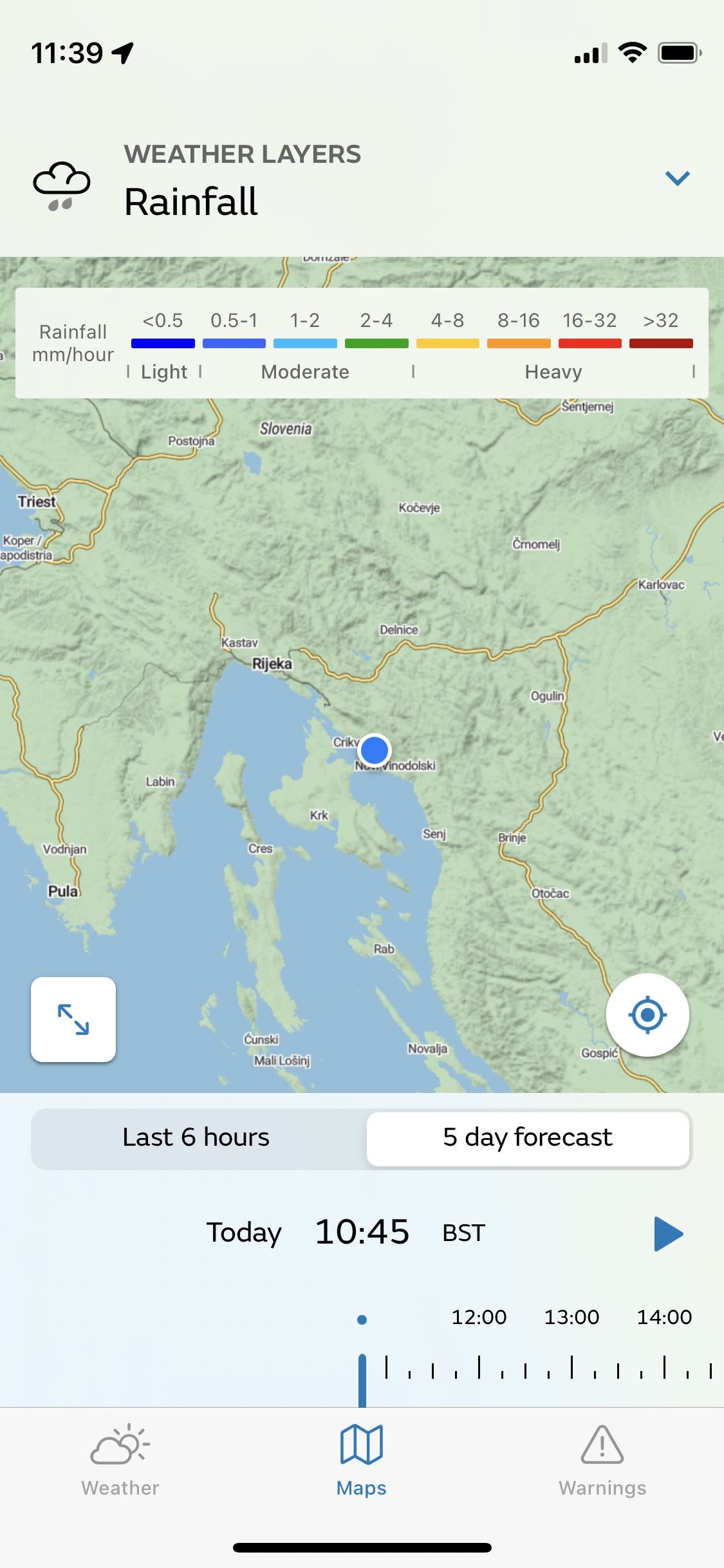 Met Office Weather app screenshot of map feature
