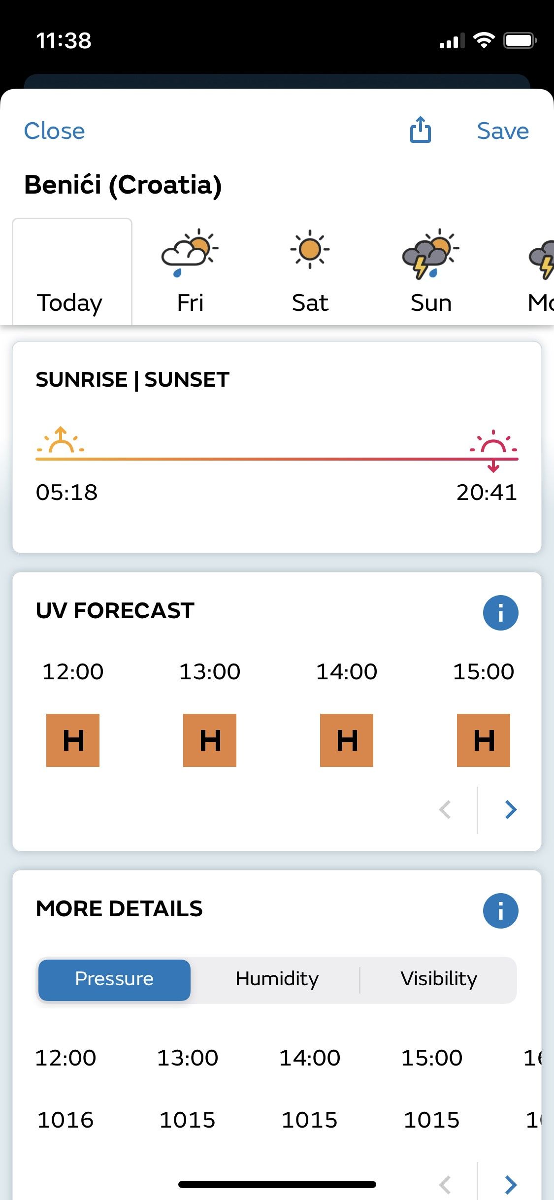 Met Office Weather app screenshot of sunrise and sunset