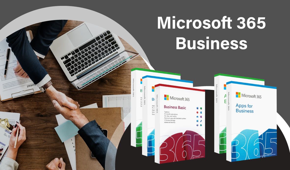 hands shaking over laptop with microsoft 365 business boxes