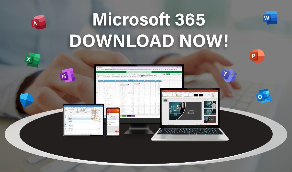 laptops and devices with text saying microsoft 365 download now