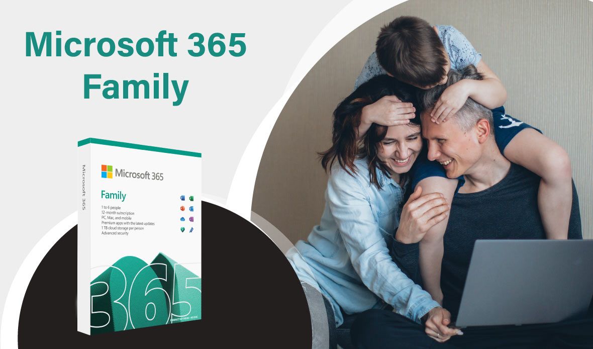family image with laptop showing microsoft 365 family box to the phone