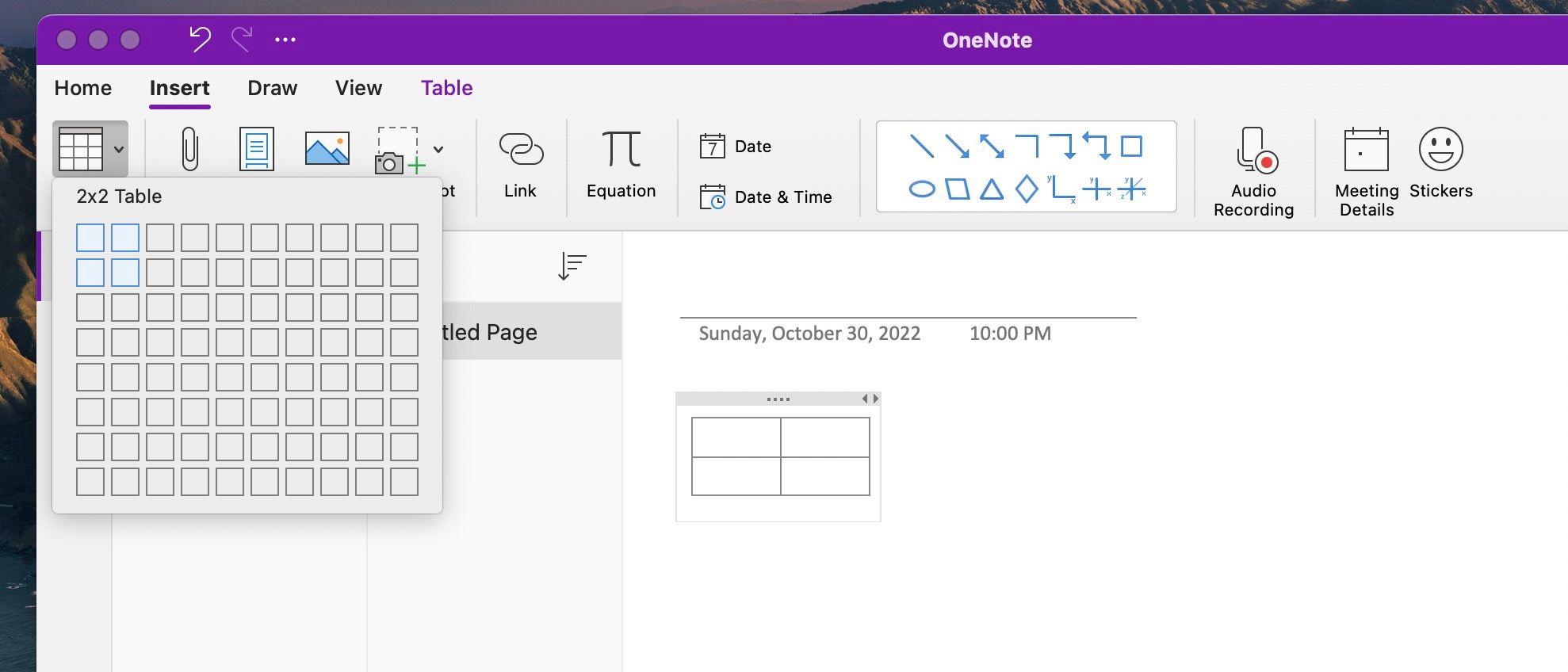 Selecting a 2x2 table in Microsoft OneNote