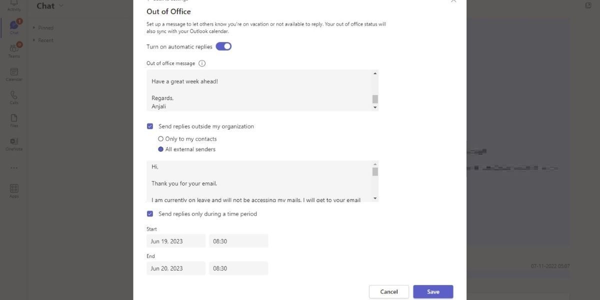 Microsoft Teams Windows app - Profile menu - Out of office external