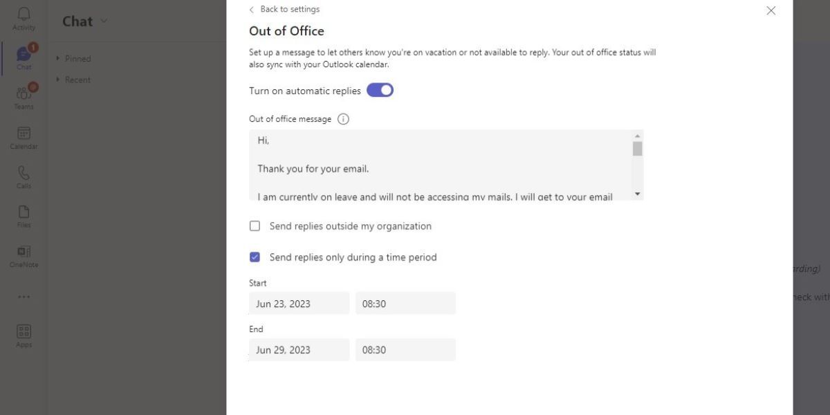Microsoft Teams Windows app - Profile menu - Out of office internal