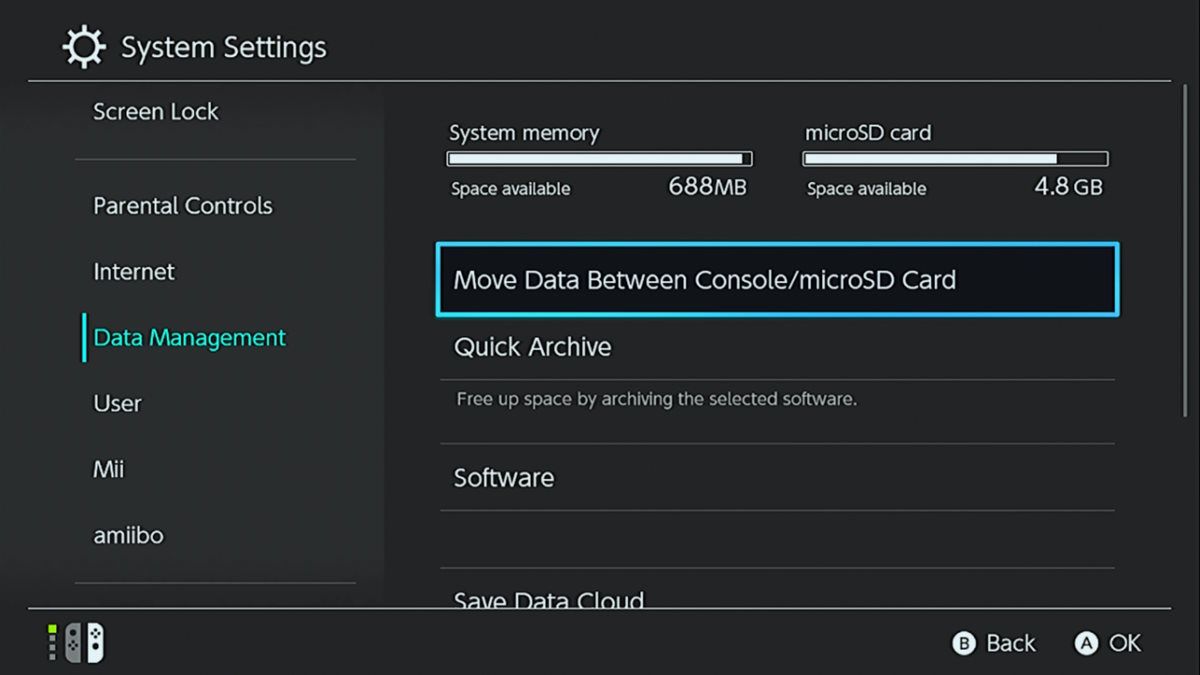 the Data Management page in the Nintendo Switch settings with the option to move data between console and microSD card selected