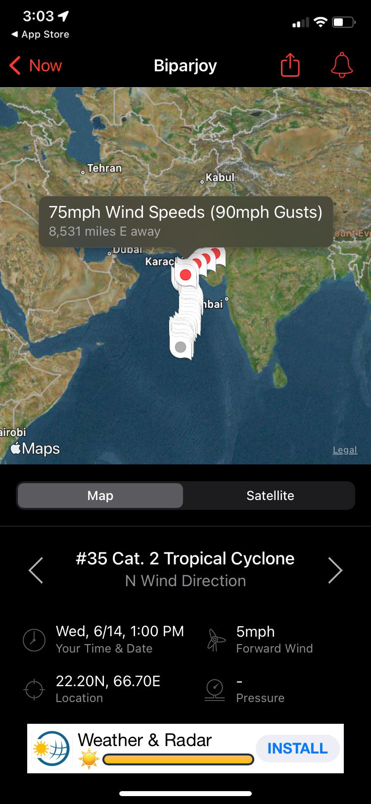 صفحه نمایش طوفان برنامه My Hurricane Tracker