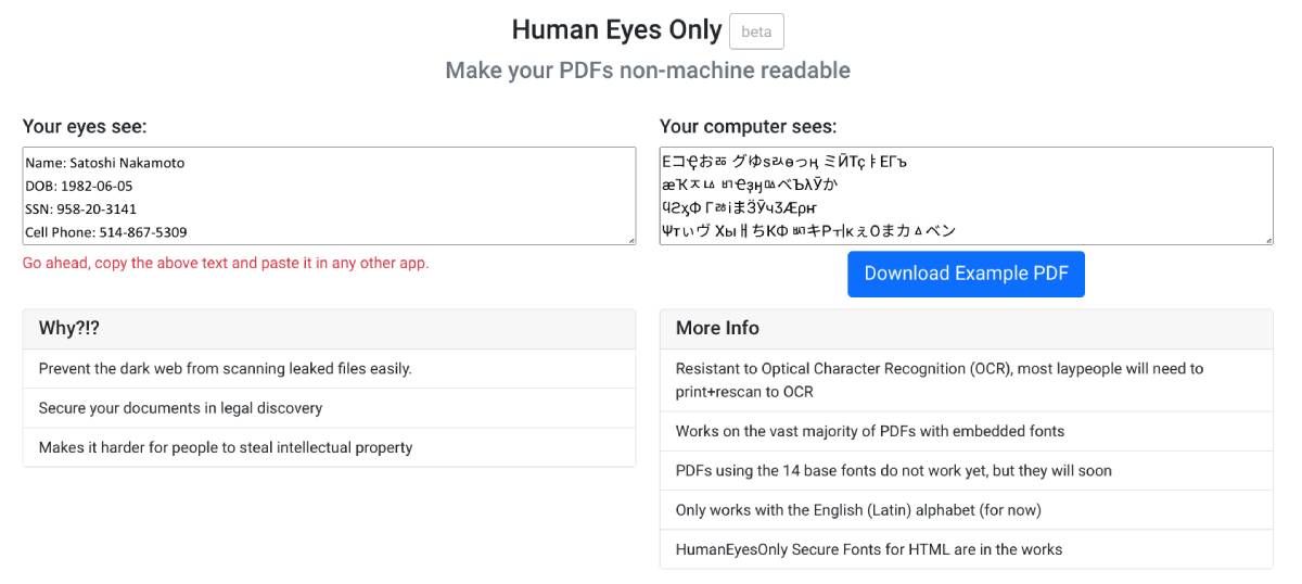 Human Eyes Only OCR را در فایل‌های PDF شما غیرفعال می‌کند تا نرم‌افزار، ربات‌ها و هوش مصنوعی نتوانند آن را بخوانند.