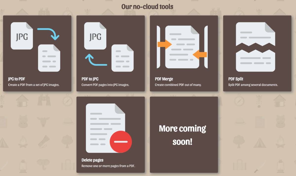 PDF Shelter has a series of PDF editing tools (merge, split, delete pages, convert to JPG) that work within your browser without uploading to servers