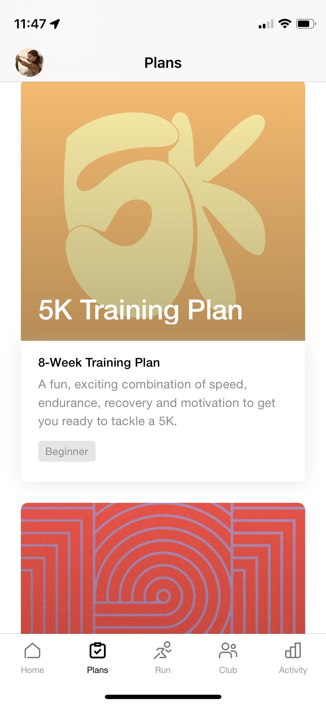 Nike Run Club app - screenshot of Training Plans