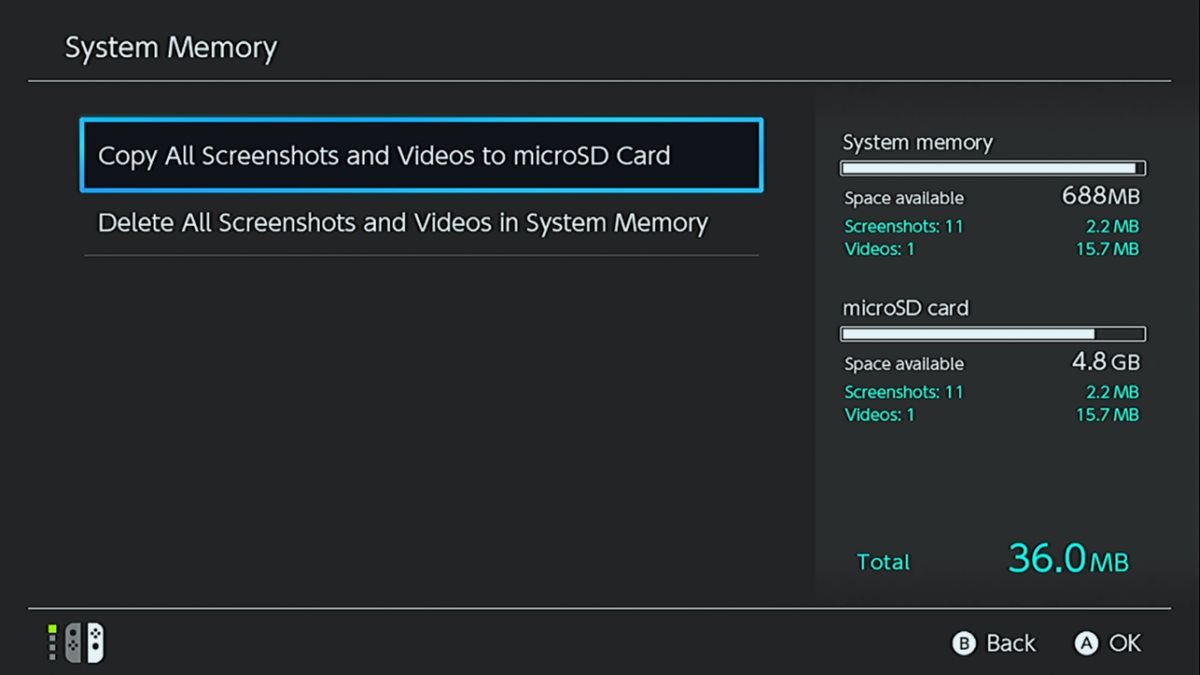 the option to copy all screenshots and videos to microSD highlighted on Nintendo Switch