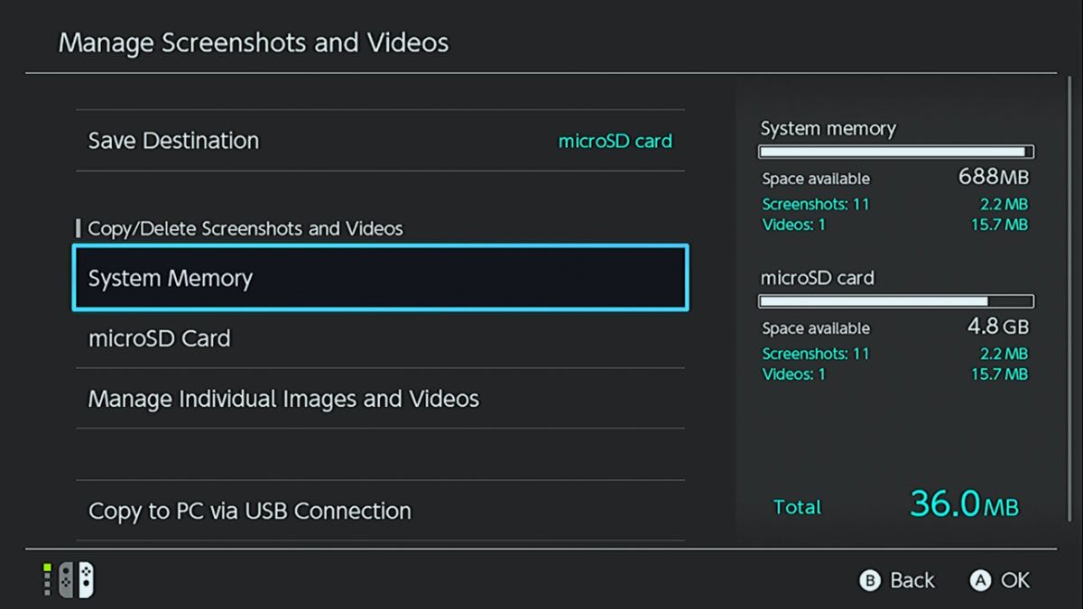 the screen for managing screenshots and videos on Nintendo Switch with the System Memory option highlighted