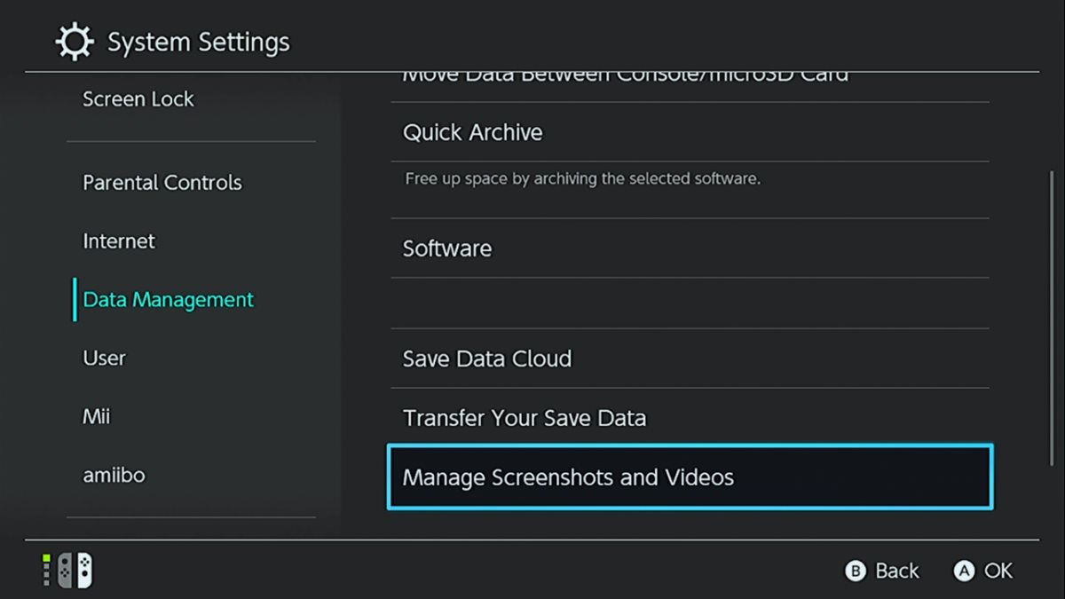 the Data Management page in the Nintendo Switch settings with the option to manage screens and videos selected