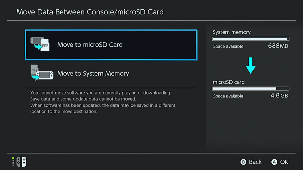the option to move game data to a microSD card on Nintendo Switch