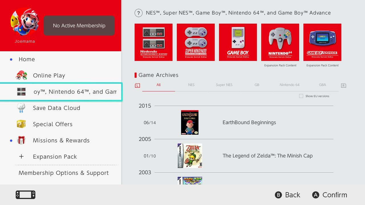 A screenshot of the home screen for Nintendo Switch Online 