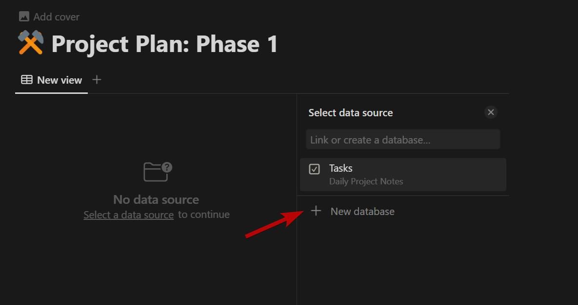 گزینه Notion New Database