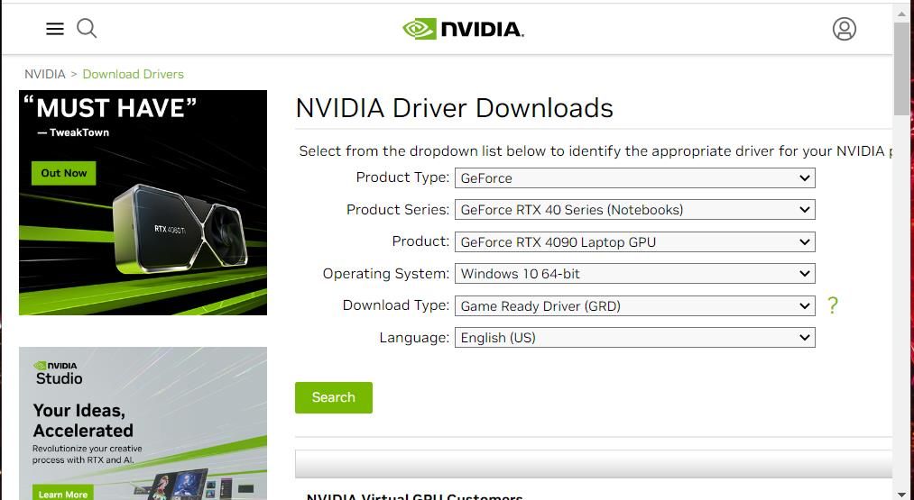 The NVIDIA graphics driver download page 