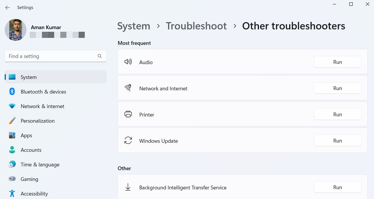 Other troubleshooters page in the Settings app
