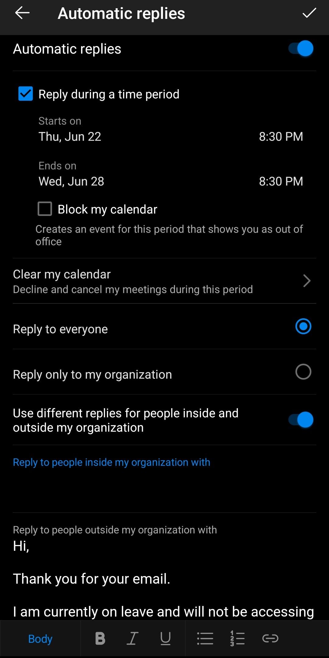 Outlook mobile app - out of office page