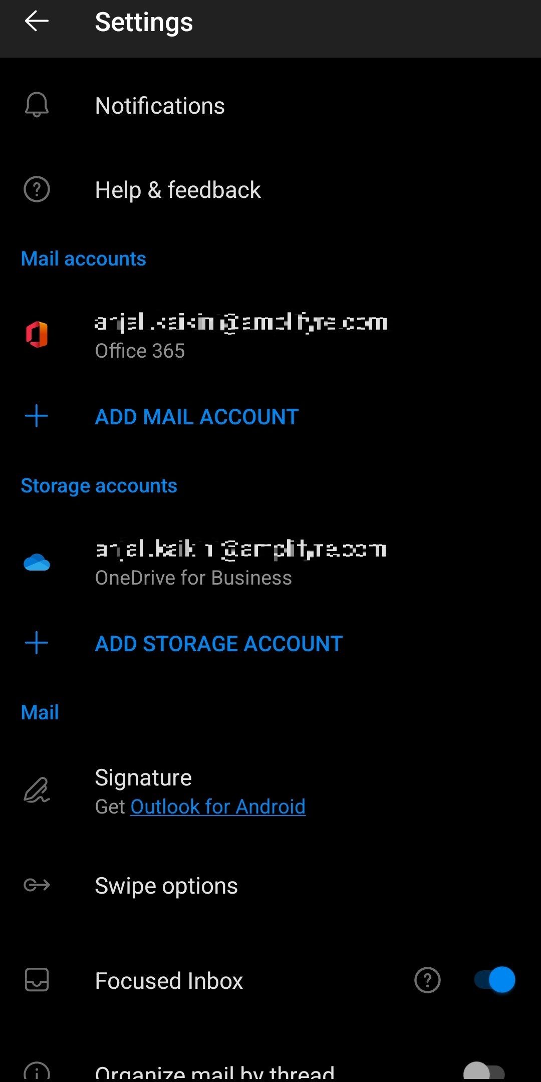 Outlook mobile app - settings
