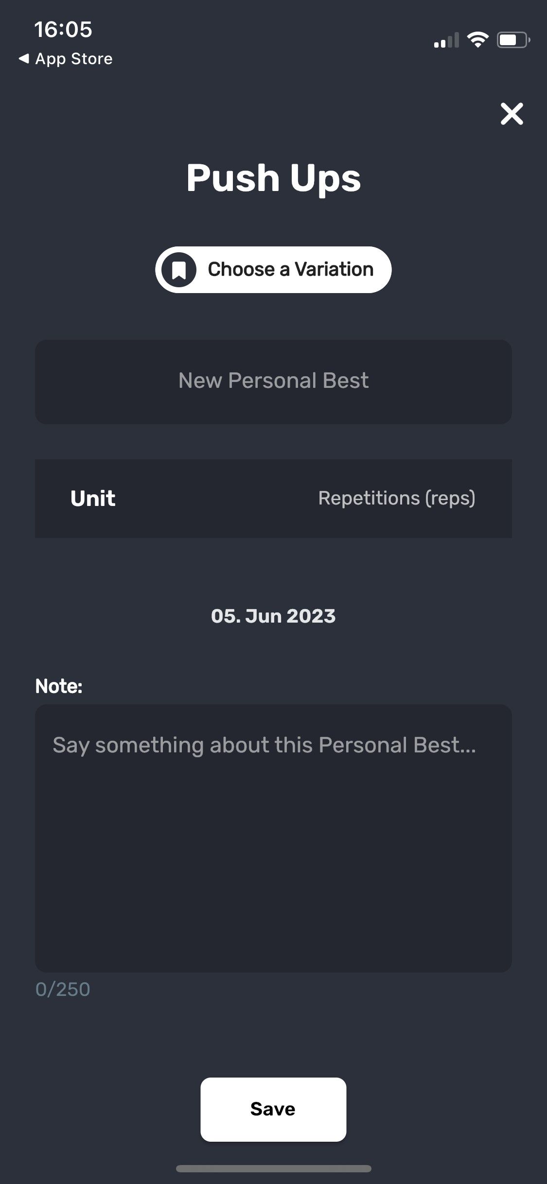 Personal Bests app - screenshot of pushups log